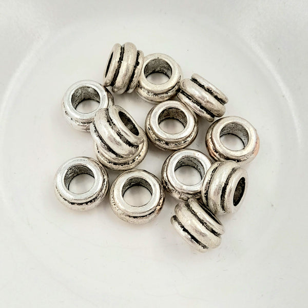 Large Hole Ridged Metal Bead - Silver