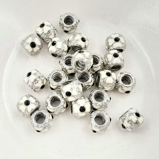 Large Hole Metal Bead With Enamel & Rhinestones - Silver, White & Black