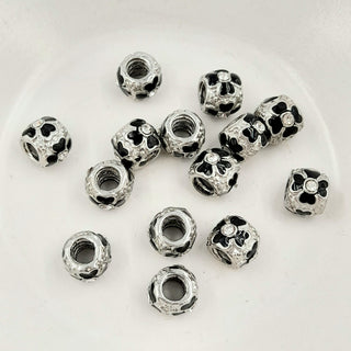 Large Hole Metal Bead With Enamel - Silver & Black