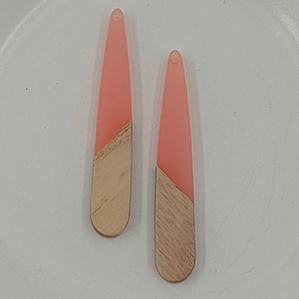 Wood & Resin Long Flat Teardrop Shape Pale Peach Pink