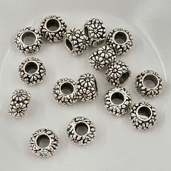 Metal Large Hole Daisy Pattern Bead Antique Silver