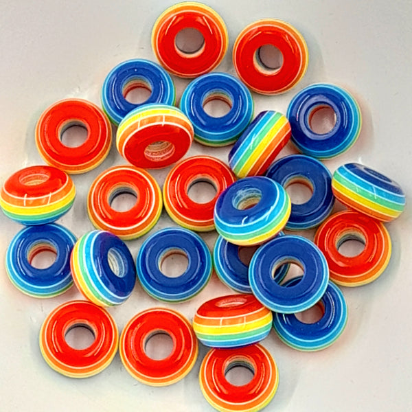 Multi Stripe Resin Large Hole Rondelle 14x8mm Rainbow Colours