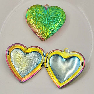 Pendant - Heart Shaped Locket With Floral Design & Rainbow Colours 29mm