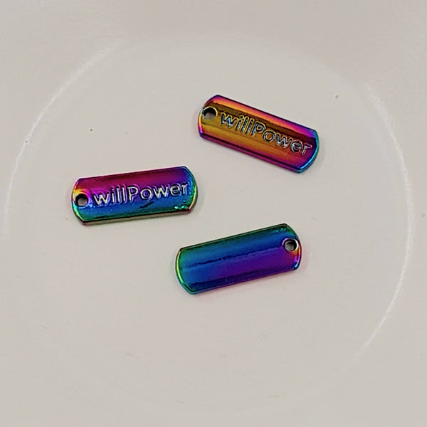Charm - Tag Shaped With "WILLPOWER" Rainbow Colours 20mm