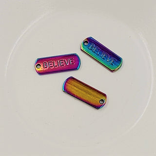 Charm - Tag Shaped With "BELIEVE" Rainbow Colours 20mm