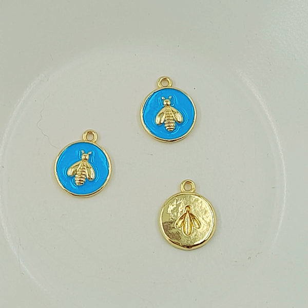Charm - Gold & Blue Enamel Disc With Bee