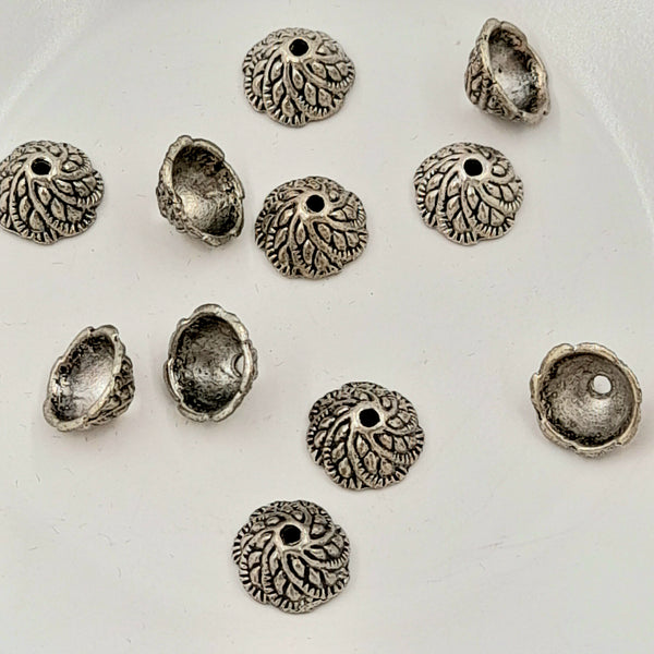 Findings - Bead Cap Leaf Pattern Antique Silver 10mm