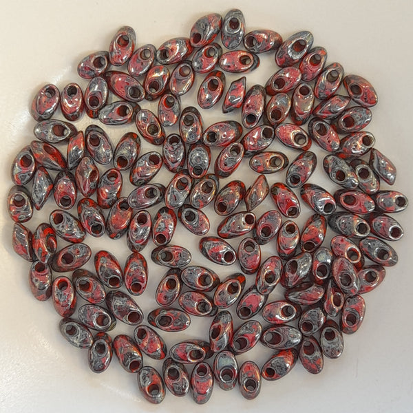 Miyuki Long Magatama Beads 4x7mm Picasso Opaque Red Garnet Lustre 7.5gm Bag