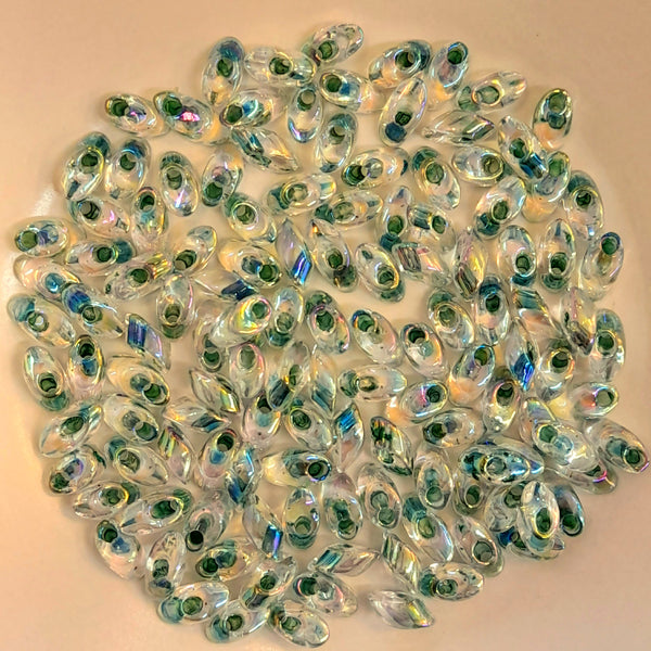 Miyuki Long Magatama Beads 4x7mm Olive Green Lined Crystal AB 7.5gm Bag