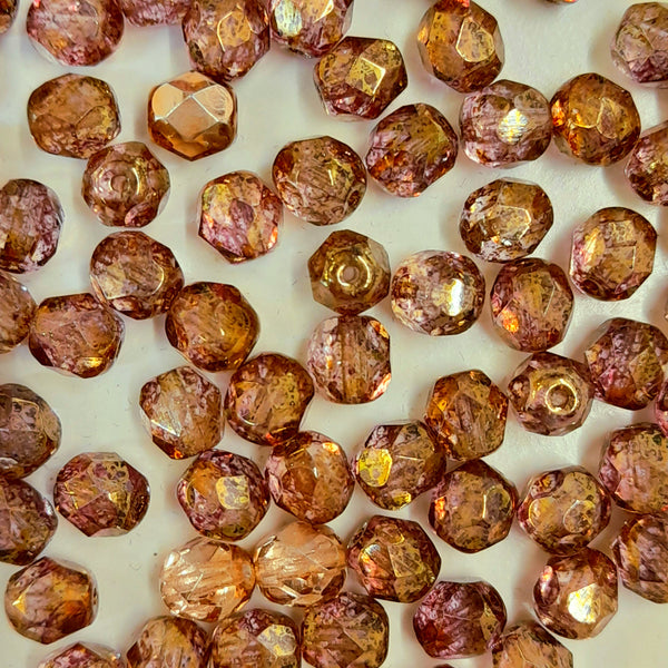 Czech Fire Polished 6mm Faceted Round Bronze Copper Crystal Lustre