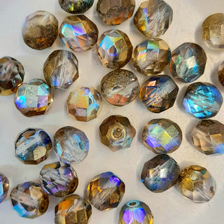 Czech Fire Polished 8mm Faceted Round Green Gold AB