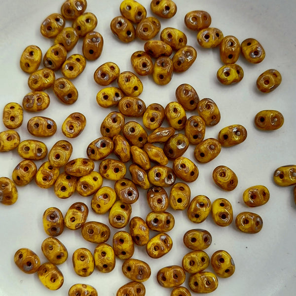 Czech Superduo Beads Opaque Lemon Picasso 7.5gm Bag