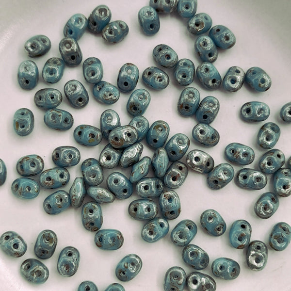 Czech Superduo Beads Opaque Turquoise Blue Picasso 7.5gm Bag