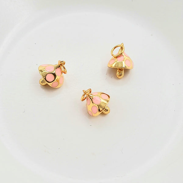 Charm - Gold Mushroom With Enamel Pink Dots