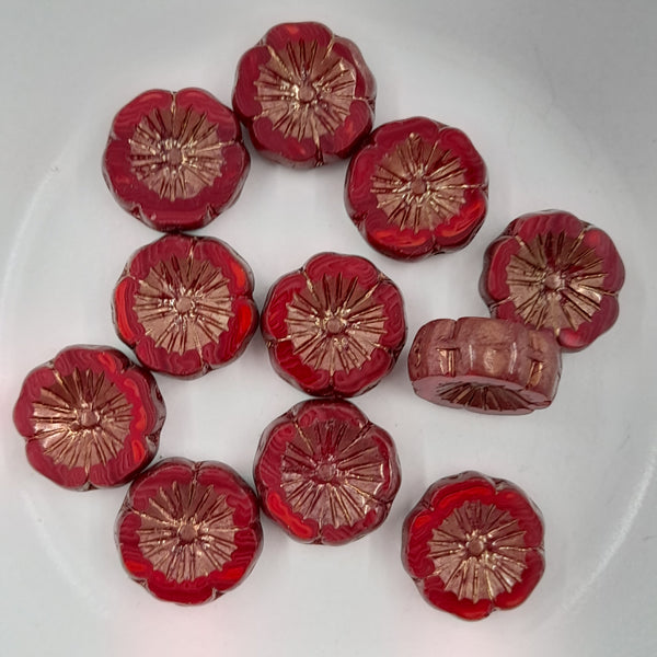 Czech Glass 14mm Hibiscus Flower Ruby Red & Ladybug Red With Bronze Finish