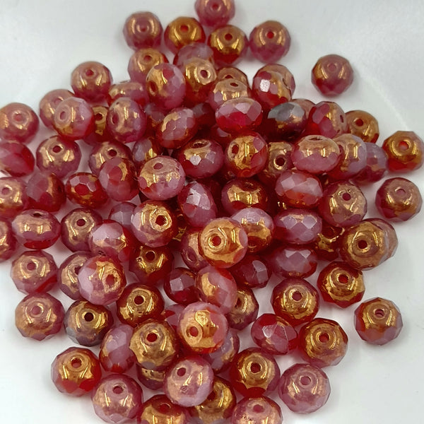 Czech Glass 5x7mm Rondelle Ruby & Rose With Copper Finish