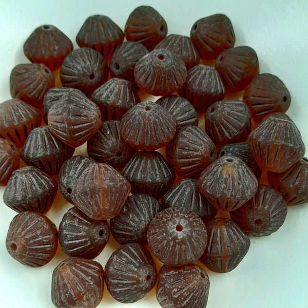Czech Glass 11mm Tribal Bicone Matte Orange With Brown Wash