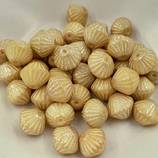 Czech Glass 11mm Tribal Bicone Yellow Ivory With Mercury Finish
