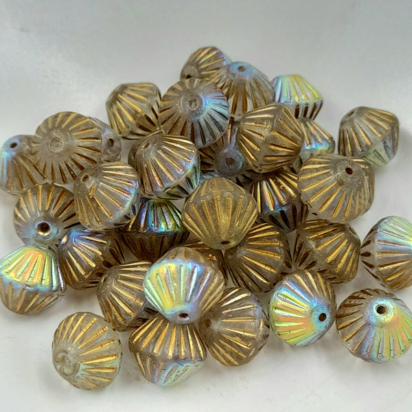 Czech Glass 11mm Tribal Bicone Transparent With Gold Wash & AB Finish