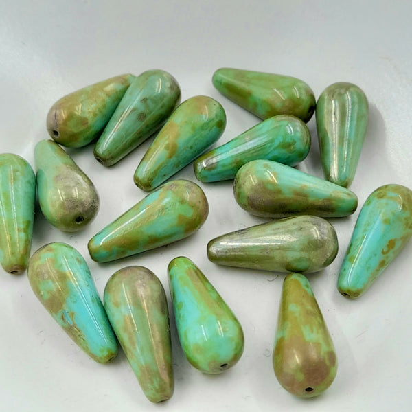 Czech Glass 9x20mm Teardrop Tea Green With Picasso Finish