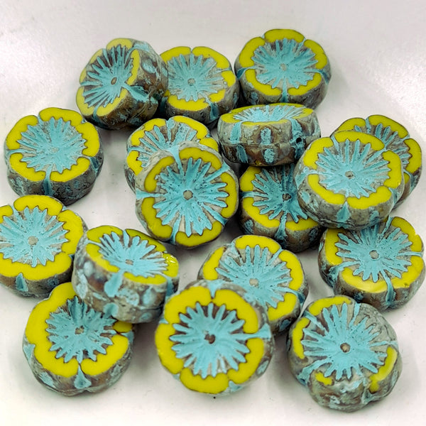 Czech Glass 14mm Hibiscus Flower Lime With Picasso Finish & Turquoise Wash