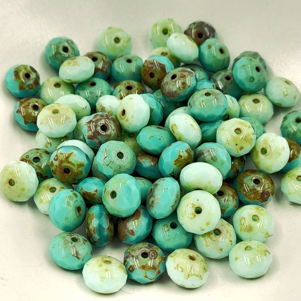 Czech Glass 6x8mm Rondelle Tea Green Mix With Picasso Finish