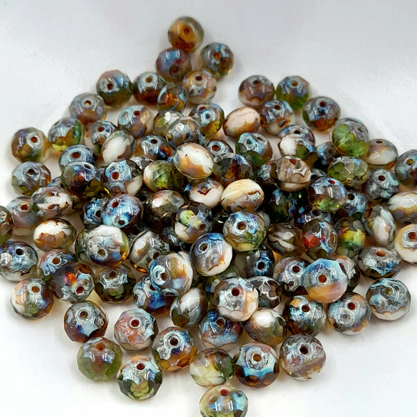 Czech Glass 5x7mm Rondelle Olive, Sea Green, & White With Picasso Finish