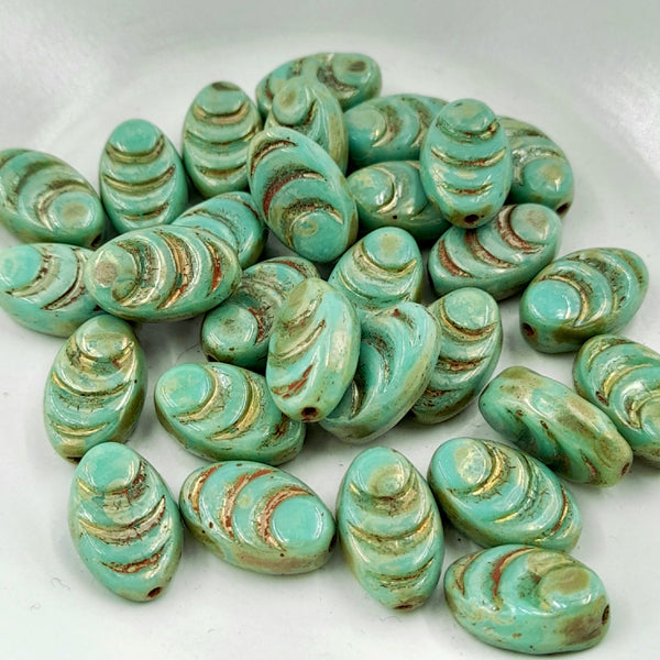 Czech Glass 8x13mm Cocoon Fern Green With Picasso Finish