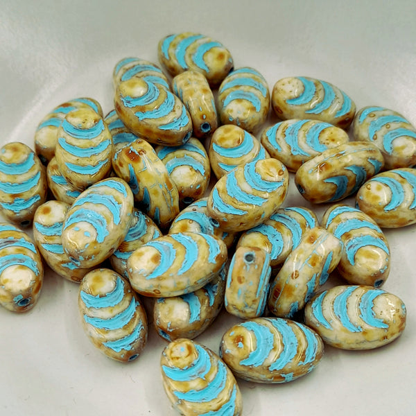 Czech Glass 8x13mm Cocoon Honey With Turquoise Wash