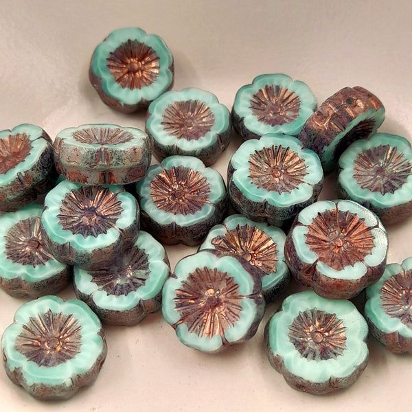 Czech Glass 14mm Hibiscus Flower Blue Green With Grey Bronze Finish