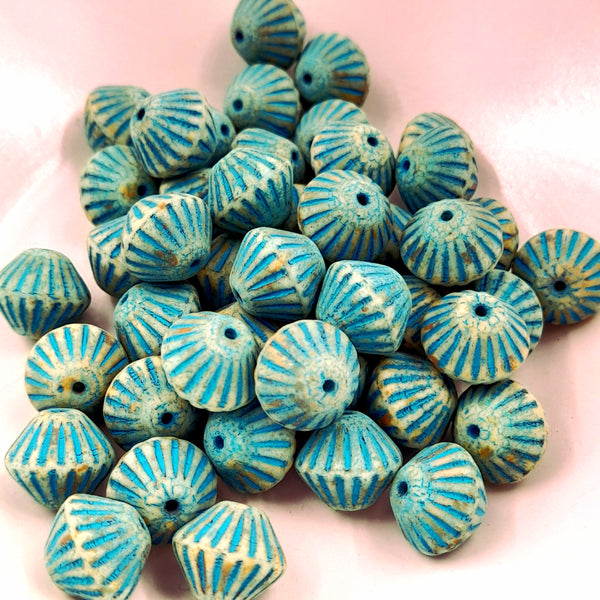 Czech Glass 11mm Tribal Bicone Matte Honey With Picasso Finish & Turquoise Wash