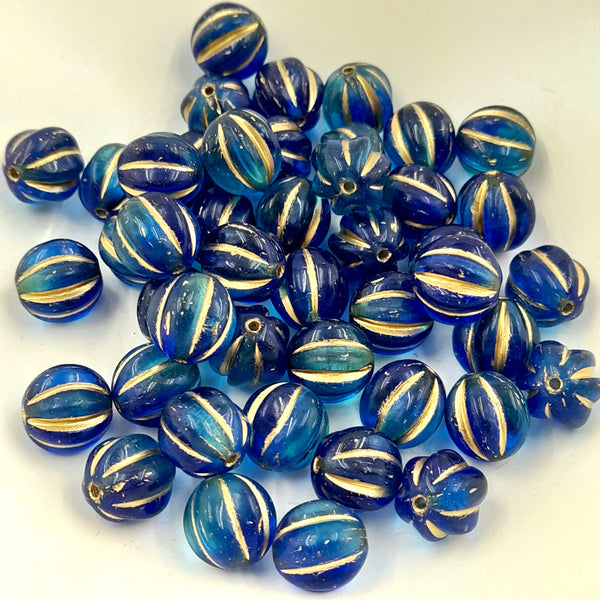 Czech Glass 10mm Melon Sapphire & Sky Blue With Gold Wash