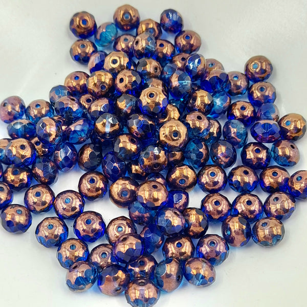 Czech Glass 5x7mm Rondelle Transparent Sapphire Blue With Bronze Finish