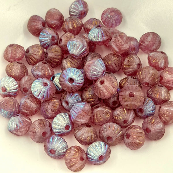 Czech Glass 9mm Tribal Bicone Matte Rosewood With Gold and AB Finishes