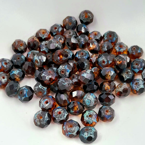 Czech Glass 6x8mm Rondelle Transparent Amber With Picasso Finish
