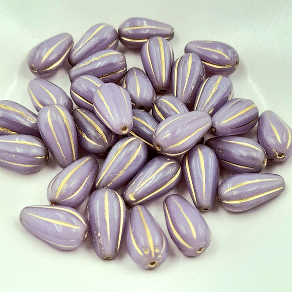 Czech Glass 8x15mm Melon Drop Purple Thistle with Gold Wash