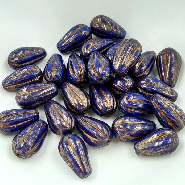 Czech Glass 8x15mm Melon Drop Indigo With Gold Finish & Bronze Wash