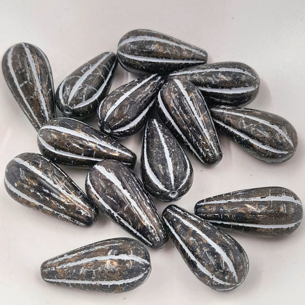 Czech Glass 11x22mm Melon Drop Black With Gold Finish & Grey Wash