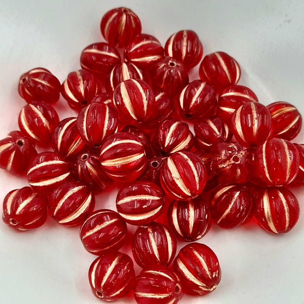 Czech Glass 10mm Melon Ruby Red With Copper Wash