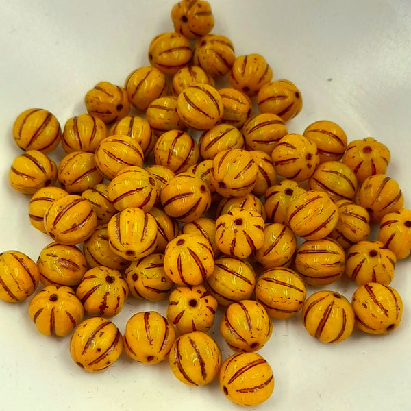 Czech Glass 8mm Melon Dandelion Yellow With Metallic Brown Wash