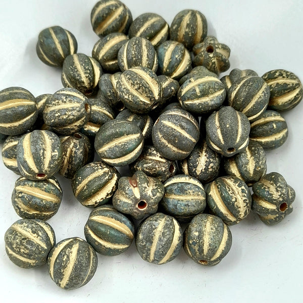 Czech Glass 10mm Melon Matte Dark Army Green With Picasso Finish & Gold Wash