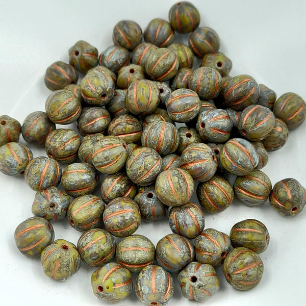 Czech Glass 8mm Melon Artichoke Green With Picasso Finish & Copper Wash