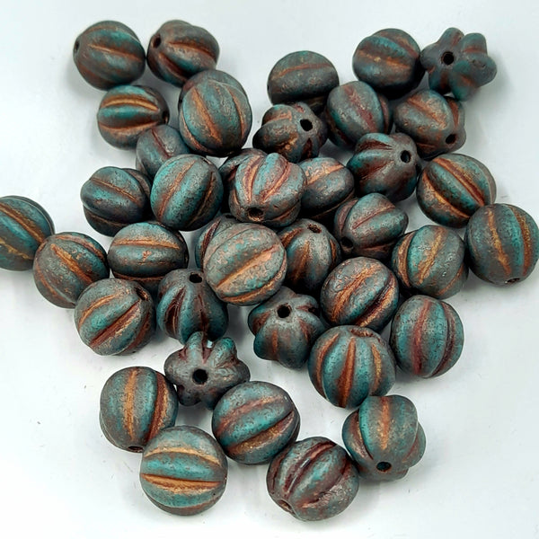 Czech Glass 10mm Melon Blue Green With Antique Gold Wash