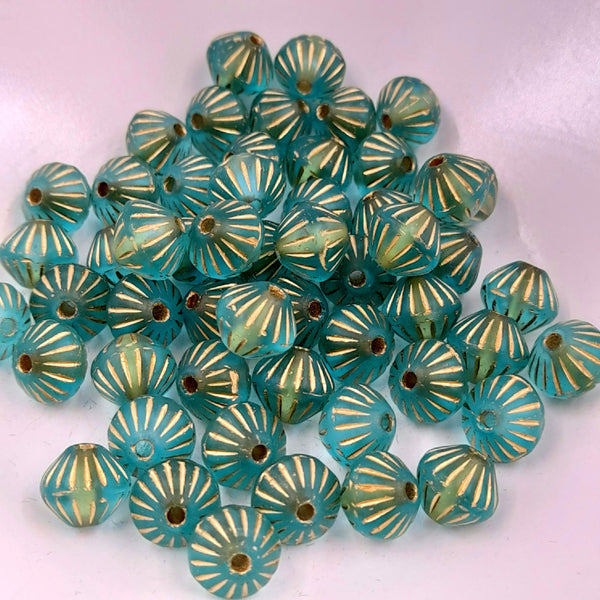 Czech Glass 9mm Tribal Bicone Baby Blue With Gold Wash