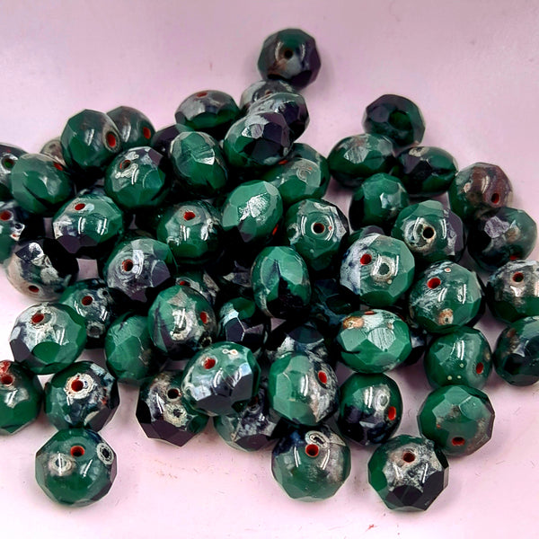 Czech Glass 6x8mm Rondelle Hunter Green With Picasso Finish