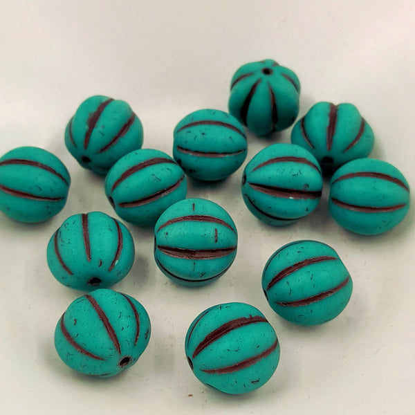 Czech Glass 14mm Melon Matte Sea Green With Brown Wash