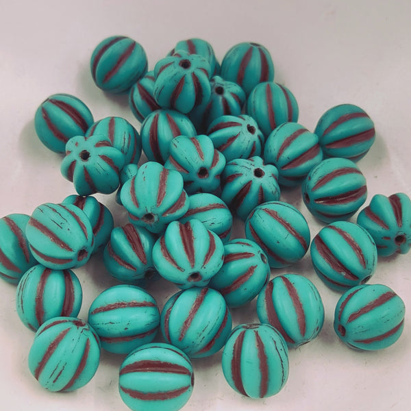 Czech Glass 10mm Melon Matte Sea Green With Brown Wash