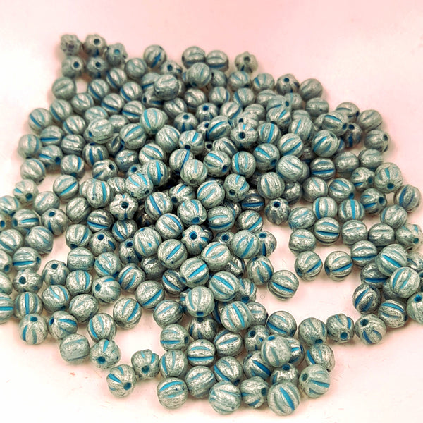 Czech Glass 4mm Melon Pale Turquoise With Mercury & Turquoise Wash