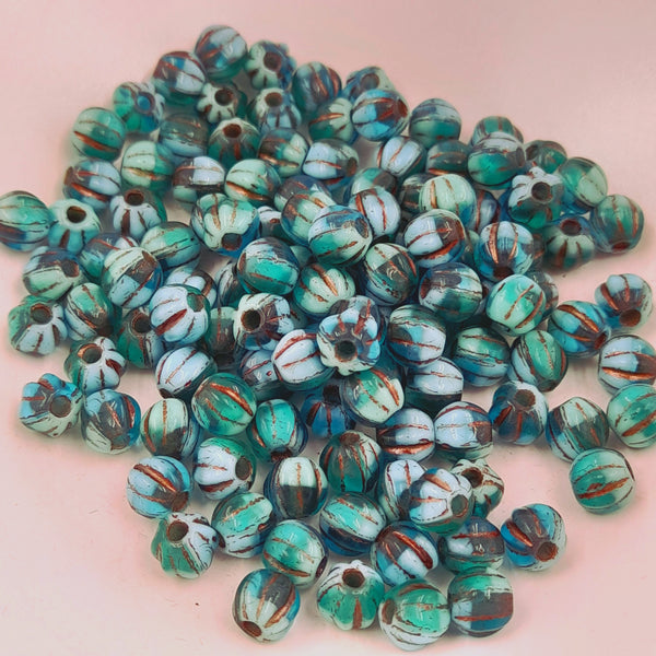 Czech Glass 6mm Large Hole Melon Sky Blue & Blue Green With Bronze Wash