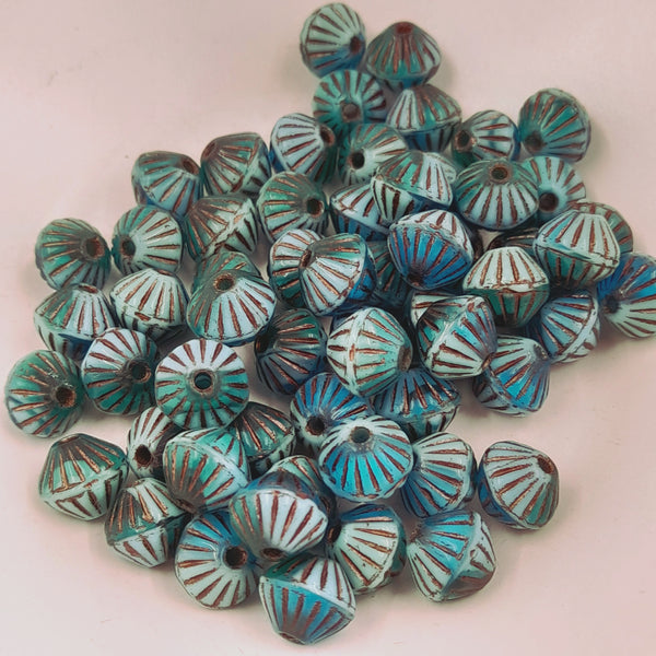 Czech Glass 9mm Tribal Bicone Sky Blue Teal Emerald With Bronze Wash